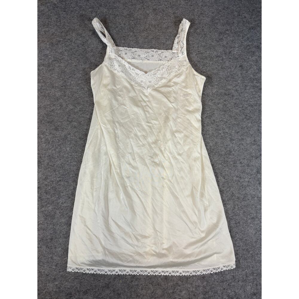 VINTAGE Vanity Fair Mini Dress Womens Size 38 Ivory Lace Trim Lingerie Babydoll